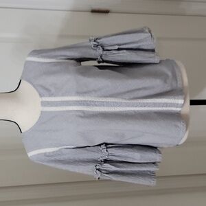 Susina Size S Blue with White Striped and Lace Detail Bell Sleeve Boho Blouse